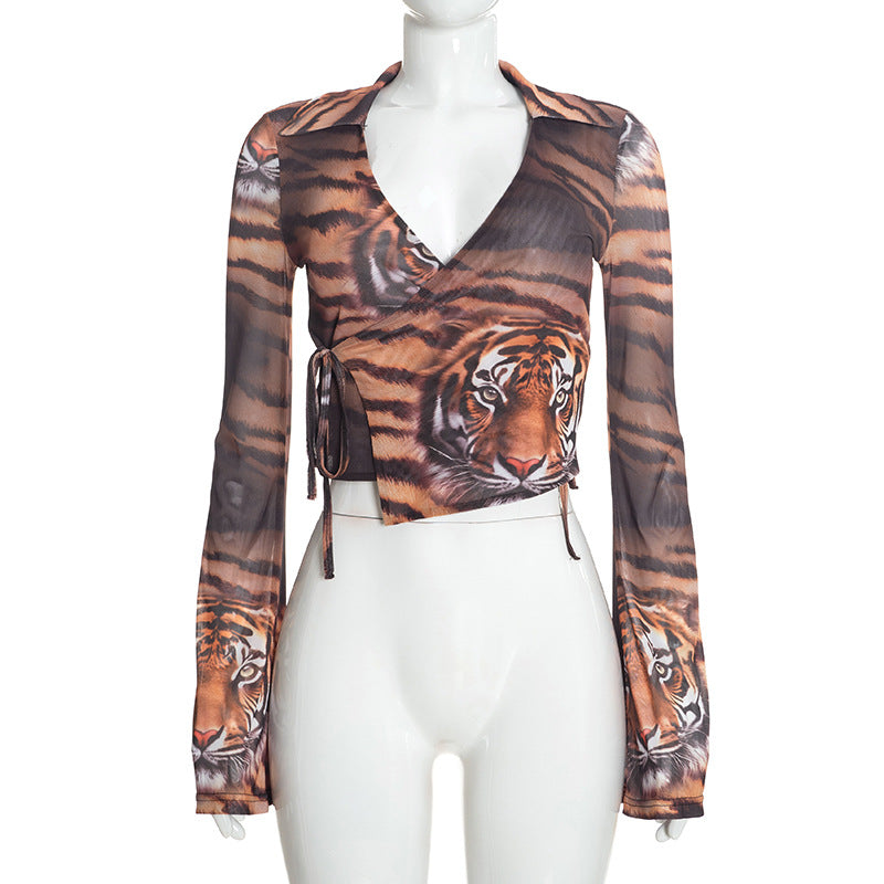 Women’s Printed Wrap Front Tie Waist Top