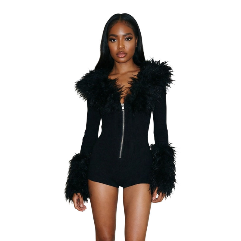 Women’s Faux Fur Trim Zip Front Bodycon Romper