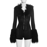 Women’s Faux Fur Trim Zip Front Bodycon Romper