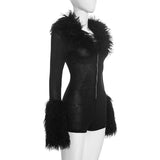 Women’s Faux Fur Trim Zip Front Bodycon Romper