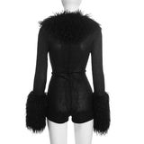 Women’s Faux Fur Trim Zip Front Bodycon Romper
