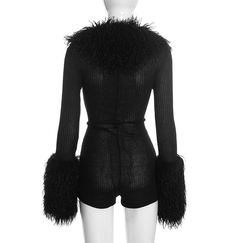 Women’s Faux Fur Trim Zip Front Bodycon Romper