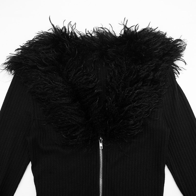 Women’s Faux Fur Trim Zip Front Bodycon Romper