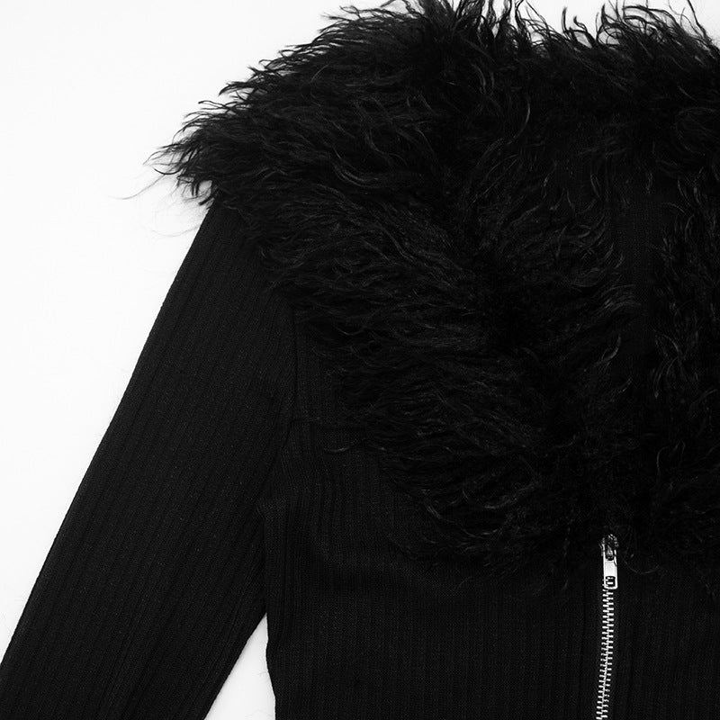 Women’s Faux Fur Trim Zip Front Bodycon Romper