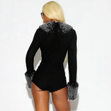 Women’s Faux Fur Trim Deep V-Neck Romper