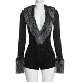 Women’s Faux Fur Trim Deep V-Neck Romper