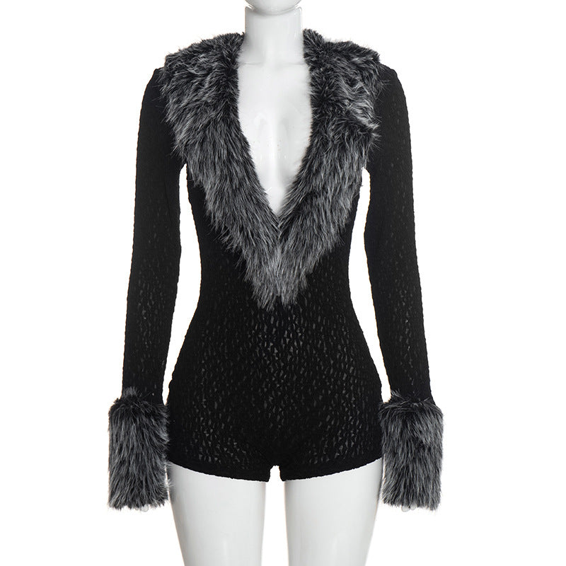 Women’s Faux Fur Trim Deep V-Neck Romper