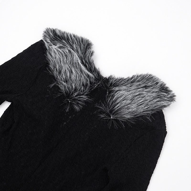 Women’s Faux Fur Trim Deep V-Neck Romper