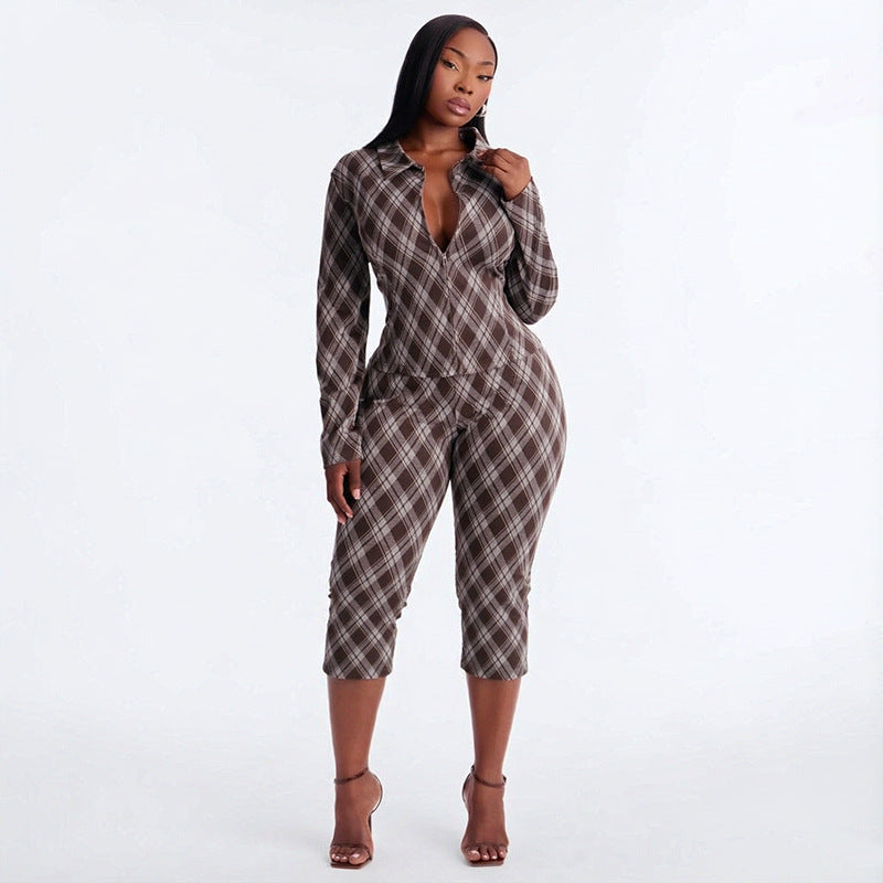 Women’s Plaid Button Top & Capri Pants Set
