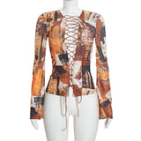 Women’s Printed Lace-Up Long Sleeve Crop Top