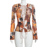 Women’s Printed Lace-Up Long Sleeve Crop Top
