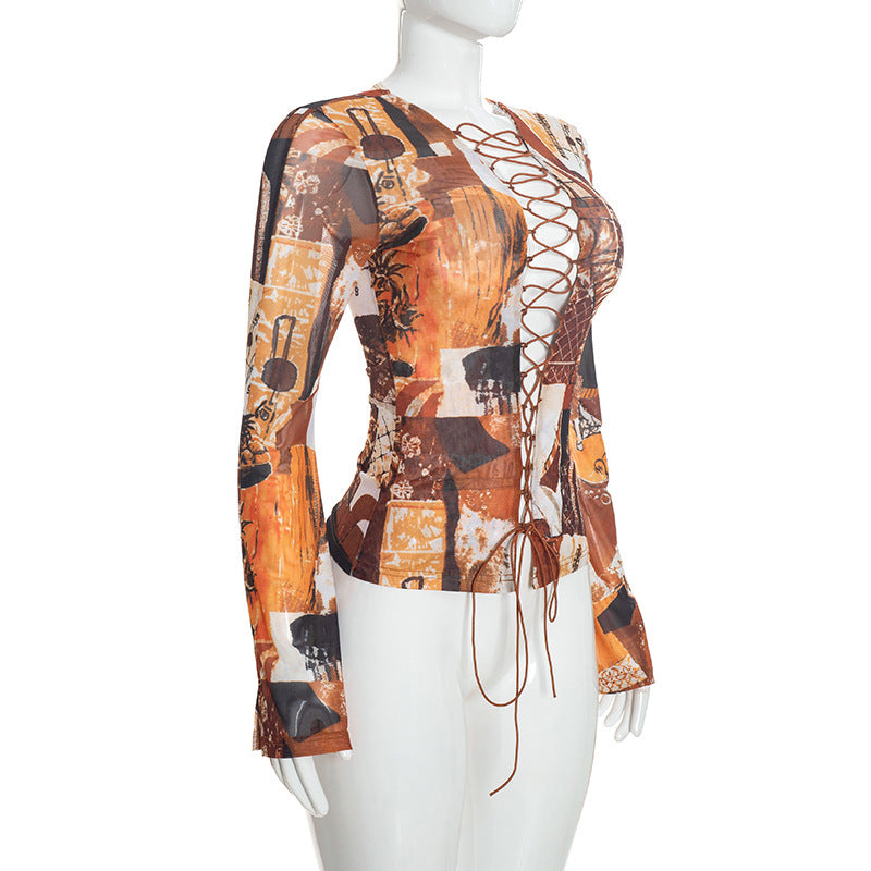Women’s Printed Lace-Up Long Sleeve Crop Top