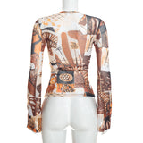Women’s Printed Lace-Up Long Sleeve Crop Top