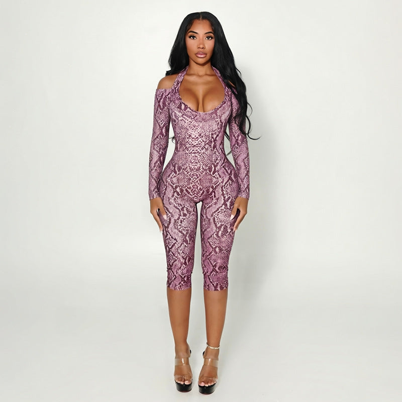 Women’s Snake Print Off Shoulder Capri Romper
