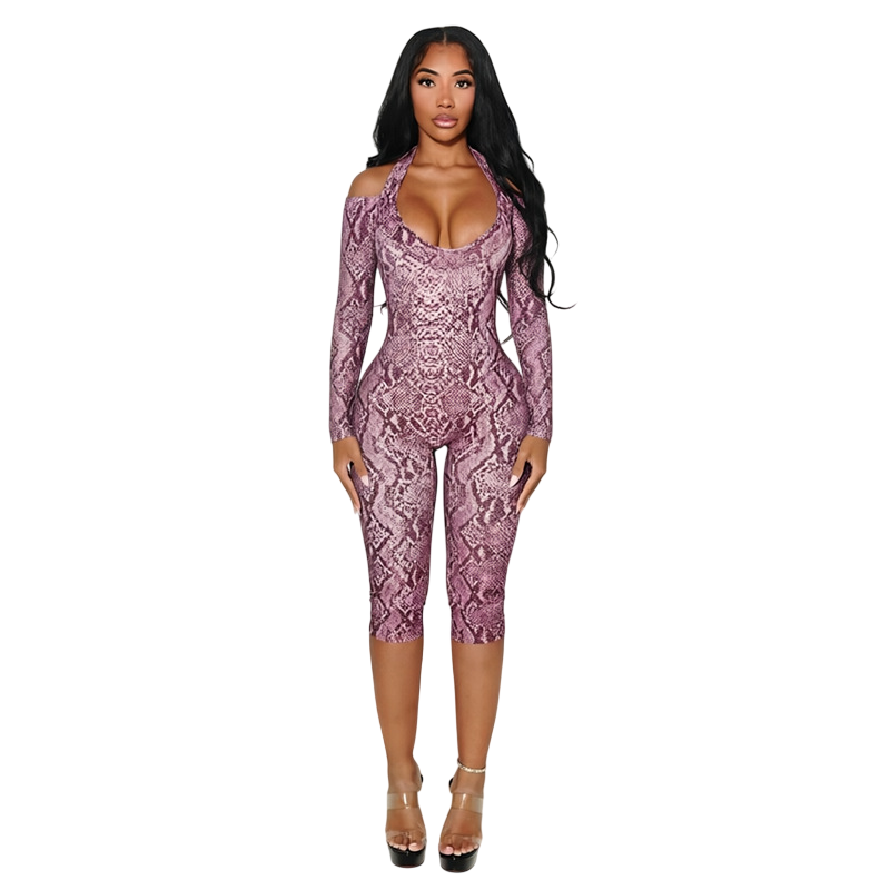 Women’s Snake Print Off Shoulder Capri Romper