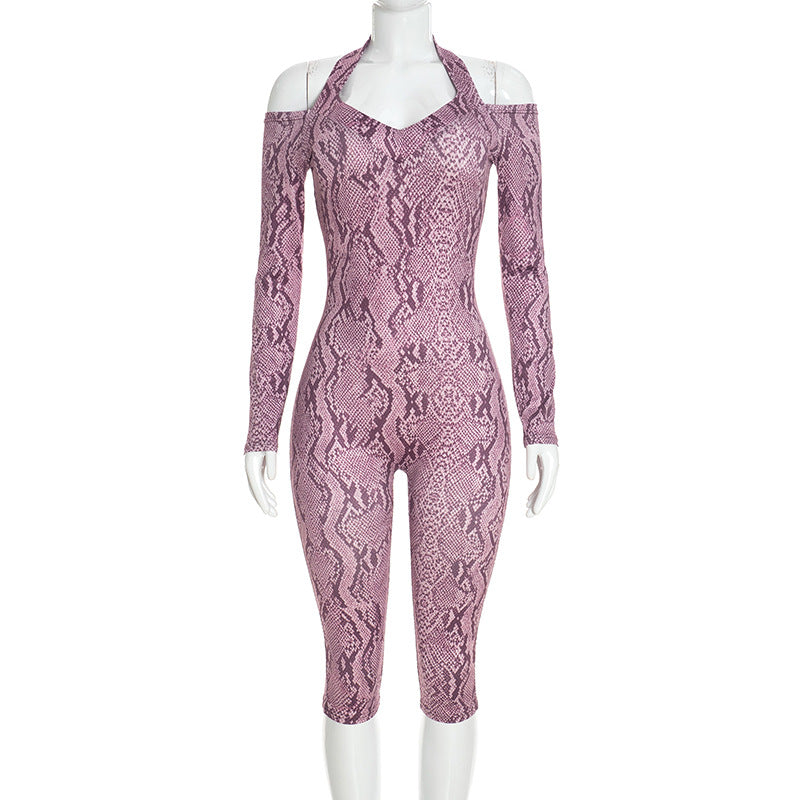 Women’s Snake Print Off Shoulder Capri Romper