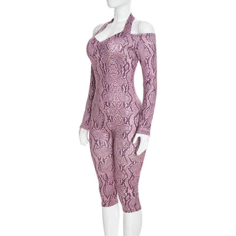 Women’s Snake Print Off Shoulder Capri Romper