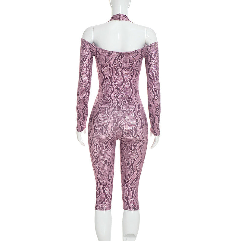 Women’s Snake Print Off Shoulder Capri Romper