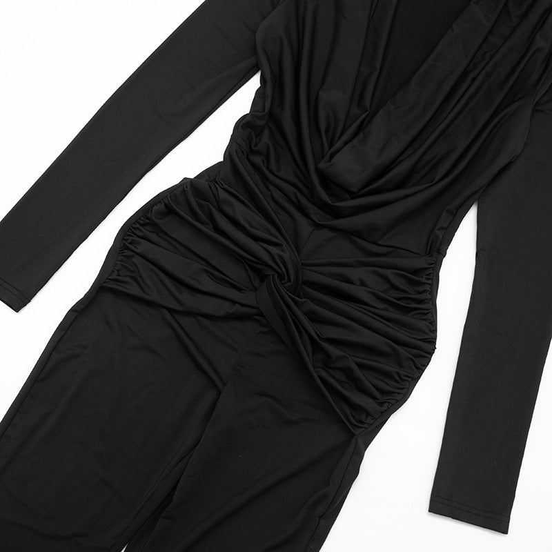 Women’s Ruched Deep V Neck Wide Leg Jumpsuit