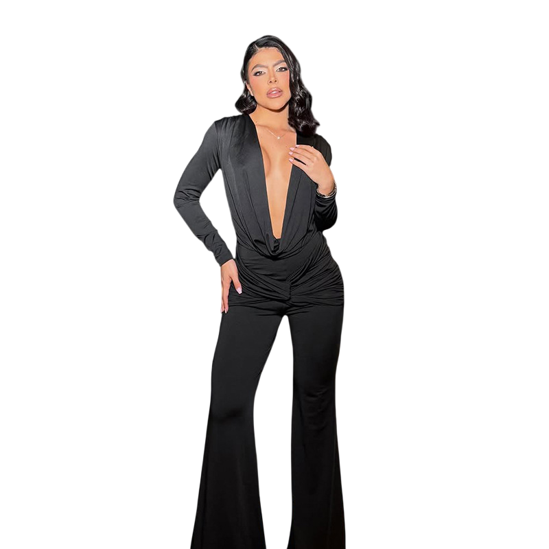 Women’s Ruched Deep V Neck Wide Leg Jumpsuit