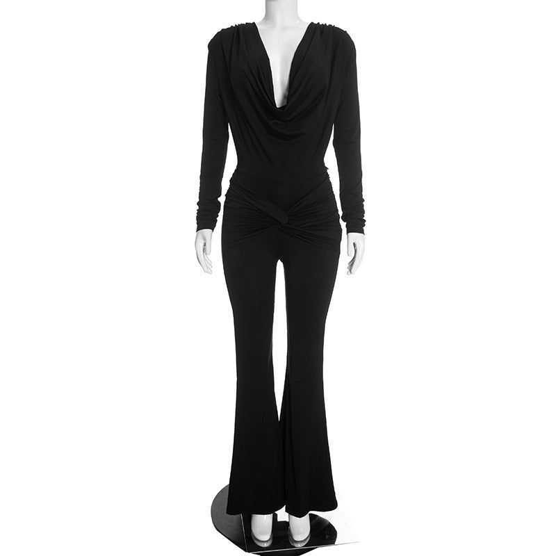 Women’s Ruched Deep V Neck Wide Leg Jumpsuit
