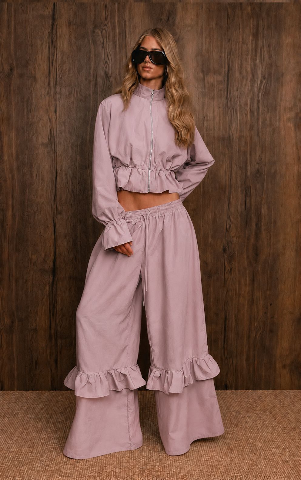 Women’s Cropped Zip Jacket & Ruffle Wide Leg Set