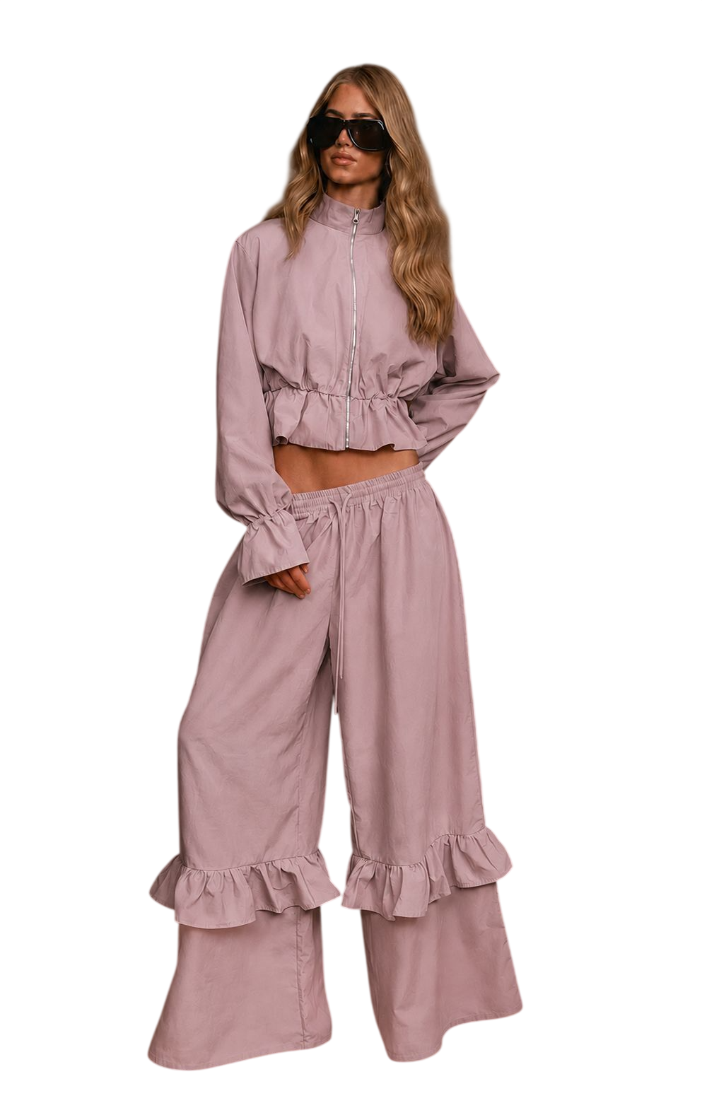 Women’s Cropped Zip Jacket & Ruffle Wide Leg Set
