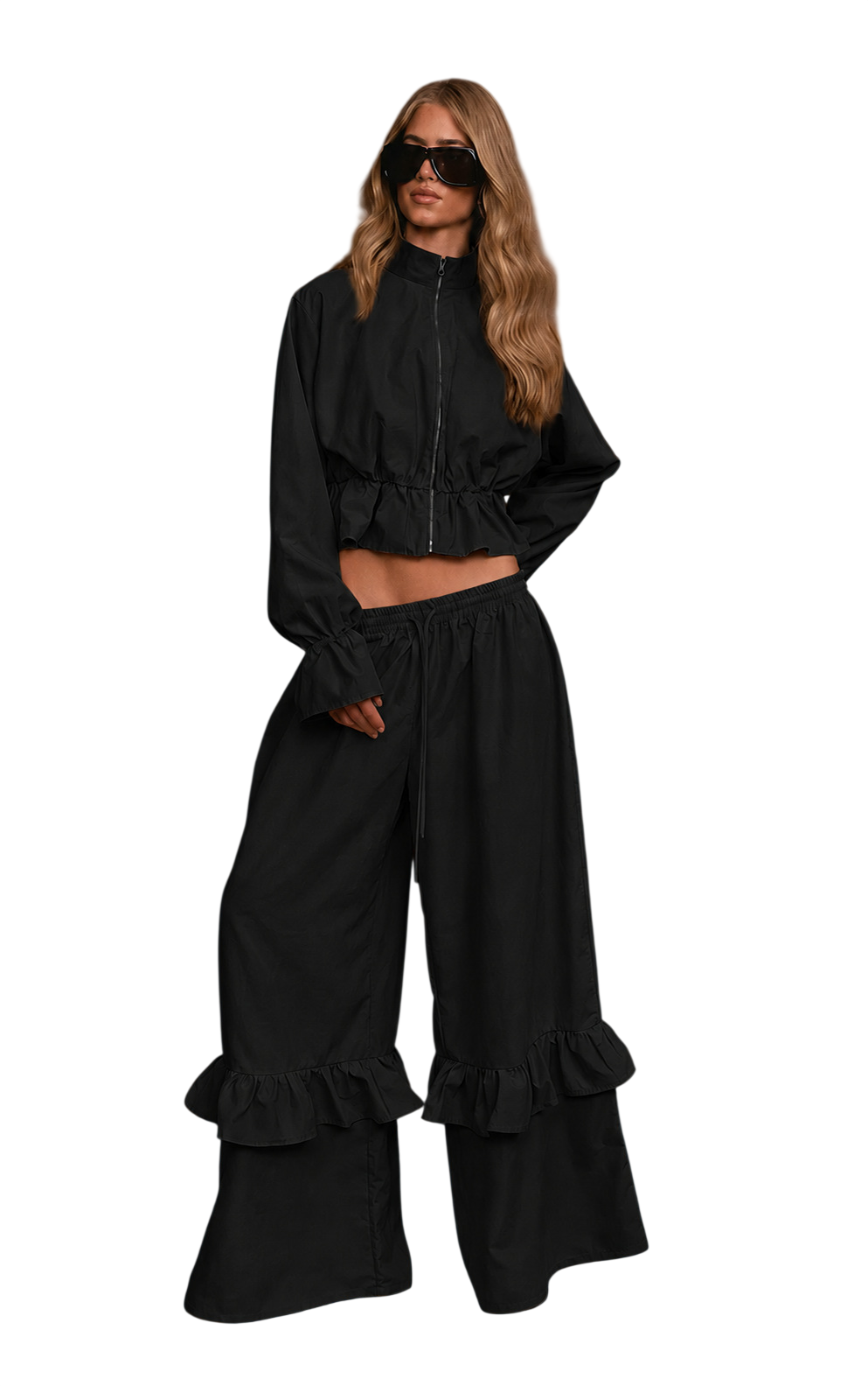 Women’s Cropped Zip Jacket & Ruffle Wide Leg Set
