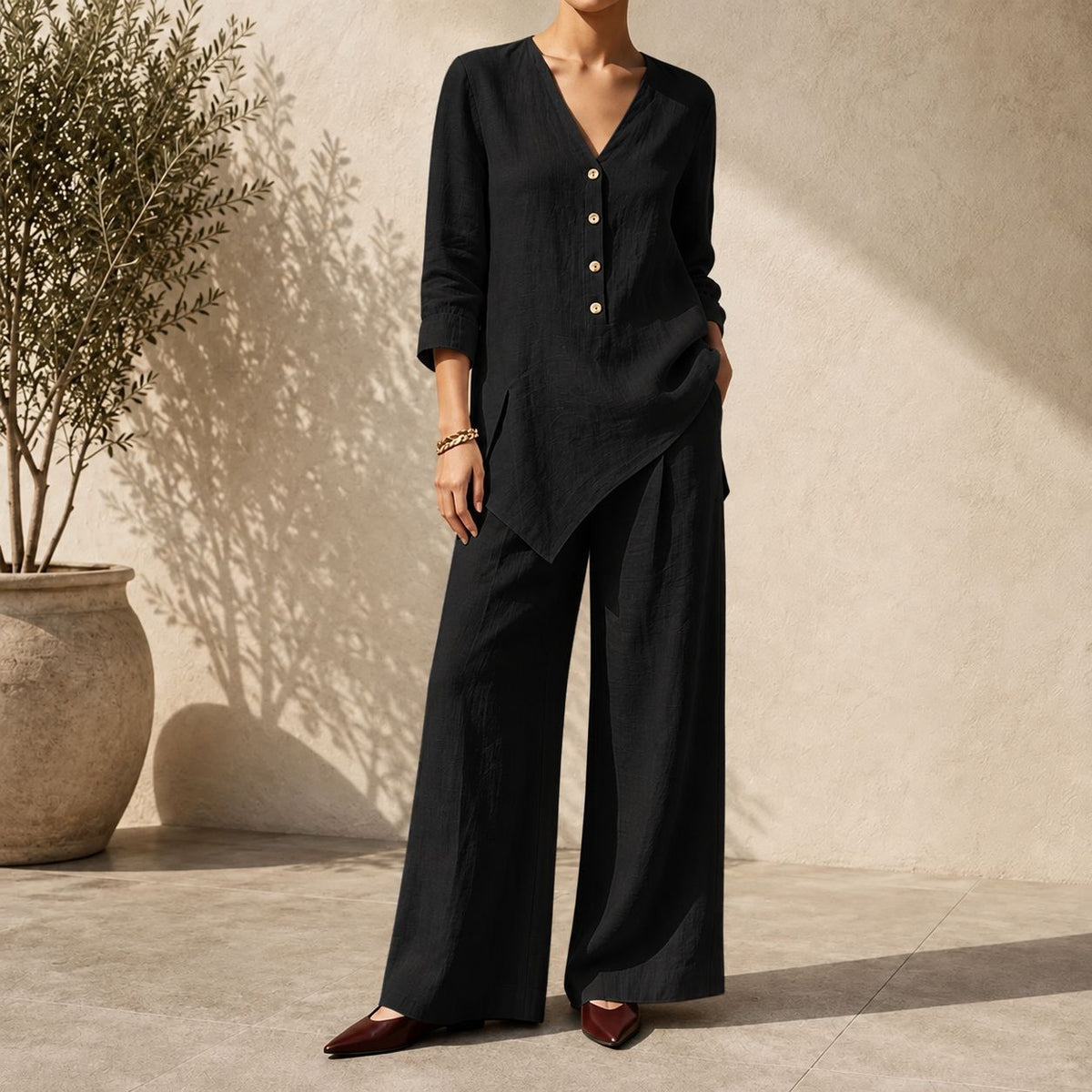 Women’s V-Neck Button Tunic & Wide Leg Pants Set