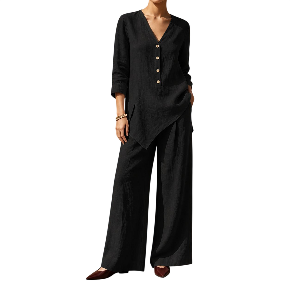 Women’s V-Neck Button Tunic & Wide Leg Pants Set