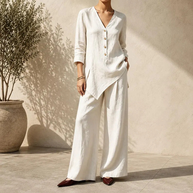 Women’s V-Neck Button Tunic & Wide Leg Pants Set