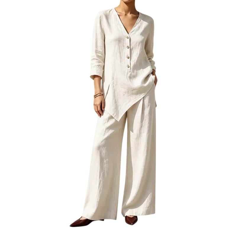 Women’s V-Neck Button Tunic & Wide Leg Pants Set