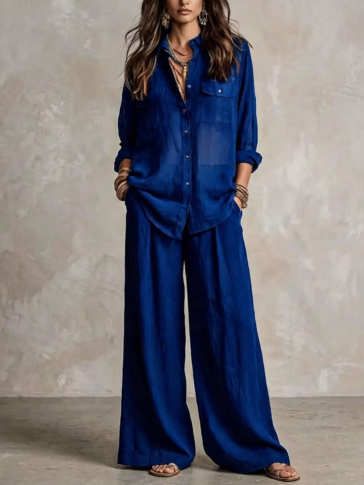 Women’s Button Front Shirt & Wide Leg Pants Set