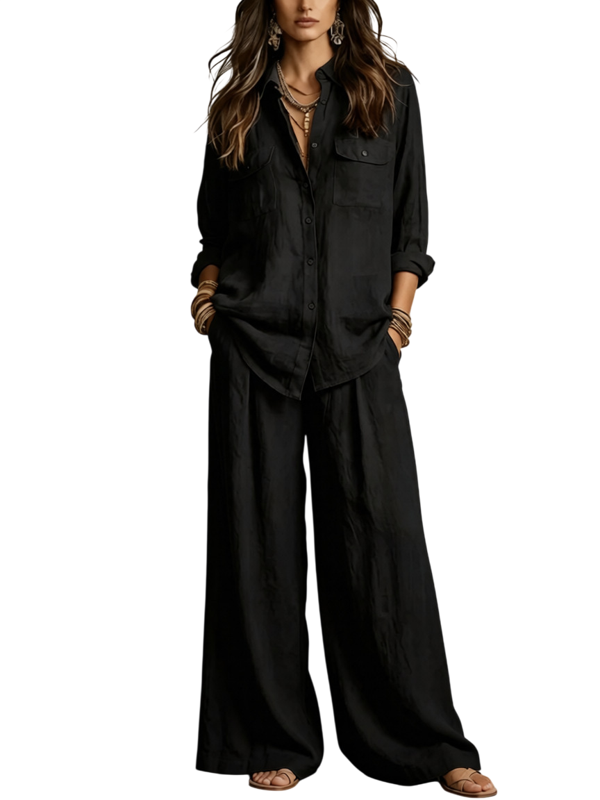 Women’s Button Front Shirt & Wide Leg Pants Set