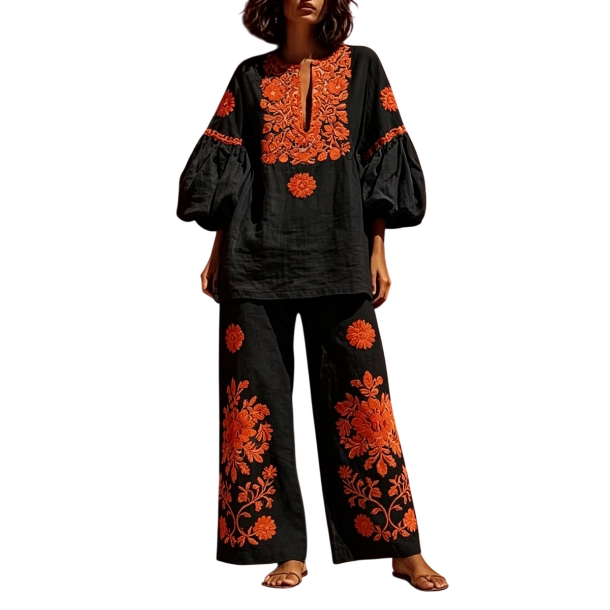Women’s Floral Embroidered Balloon Sleeve Pants Set