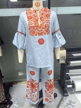 Women’s Floral Embroidered Balloon Sleeve Pants Set