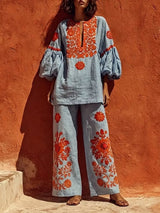 Women’s Floral Embroidered Balloon Sleeve Pants Set