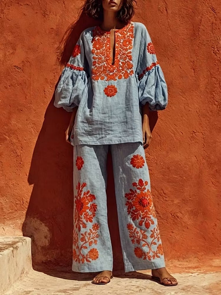 Women’s Floral Embroidered Balloon Sleeve Pants Set