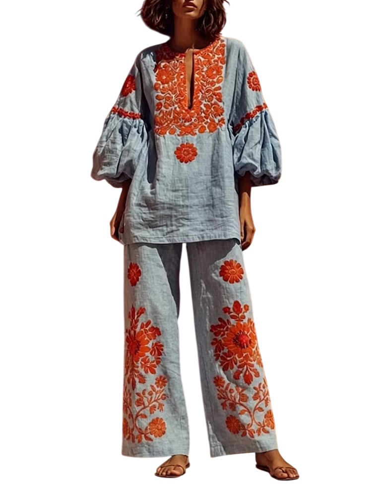 Women’s Floral Embroidered Balloon Sleeve Pants Set