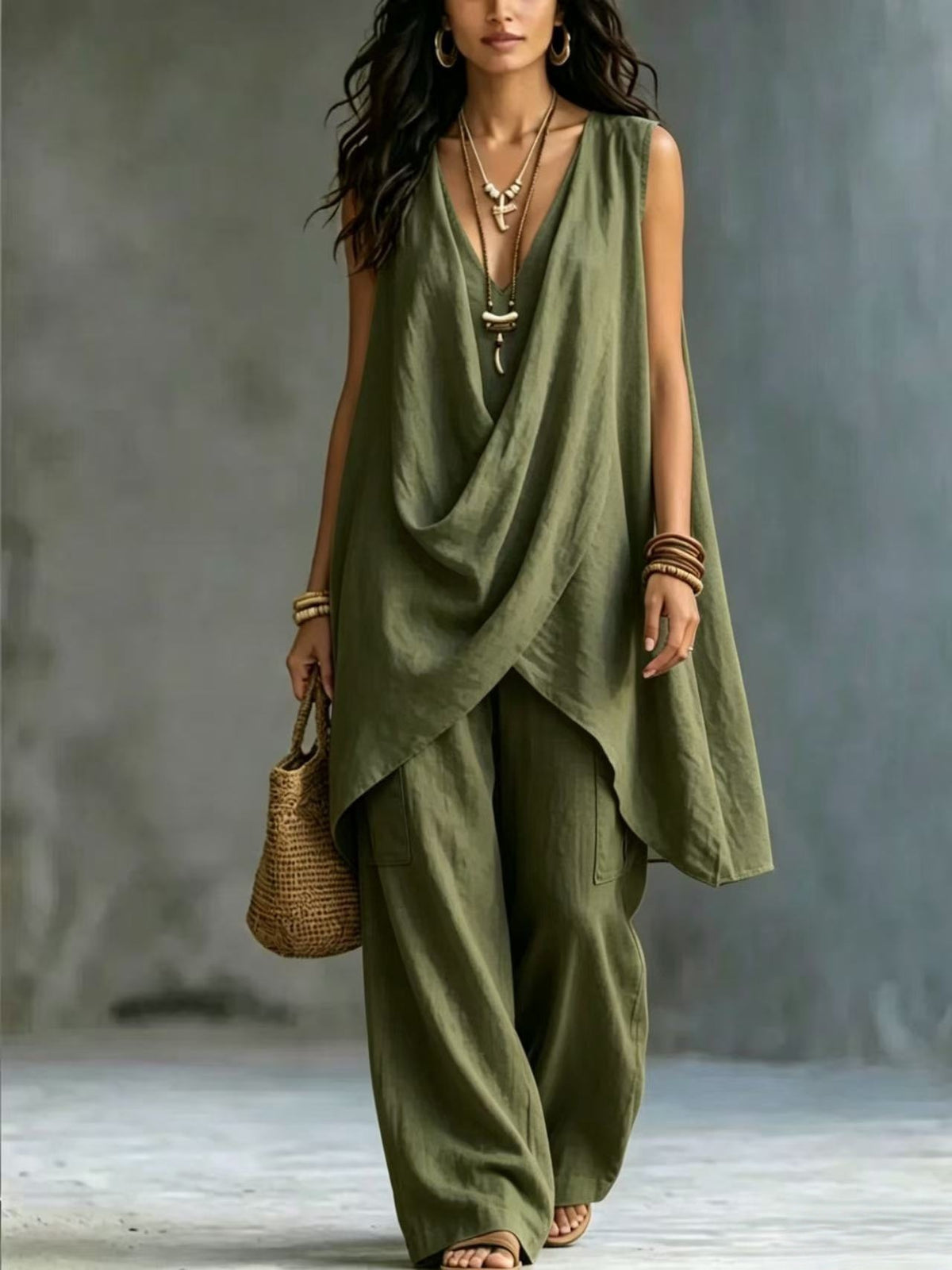 Women’s Draped Sleeveless Tunic & Wide Leg Set