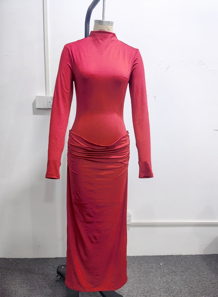 Women’s High Neck Ruched Bodycon Maxi Dress