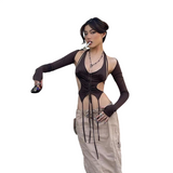 Women’s Cutout Ruched Halter Long Sleeve Top