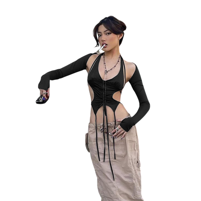 Women’s Cutout Ruched Halter Long Sleeve Top