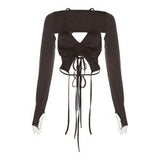 Women’s Cutout Ruched Halter Long Sleeve Top