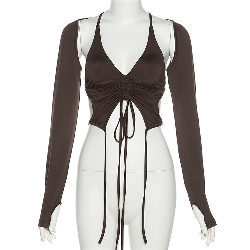 Women’s Cutout Ruched Halter Long Sleeve Top