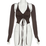 Women’s Cutout Ruched Halter Long Sleeve Top