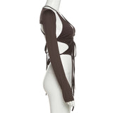 Women’s Cutout Ruched Halter Long Sleeve Top