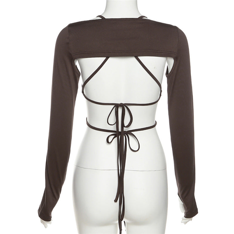 Women’s Cutout Ruched Halter Long Sleeve Top