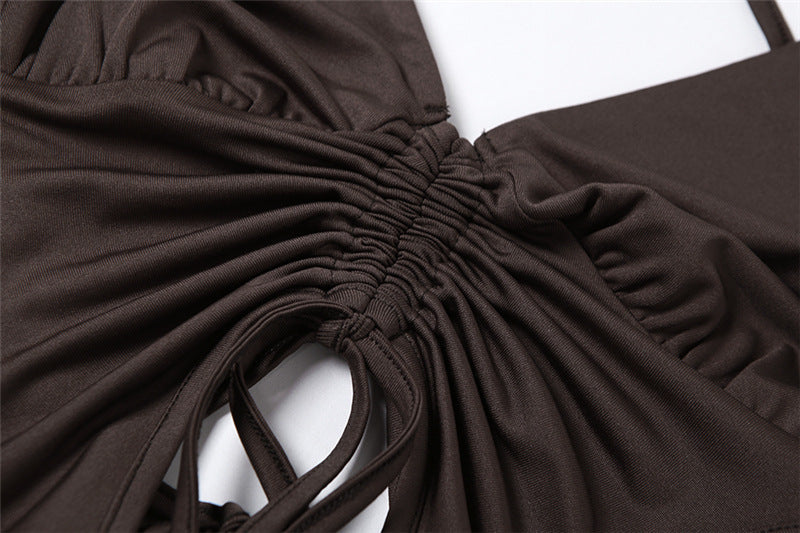 Women’s Cutout Ruched Halter Long Sleeve Top