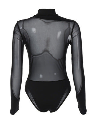 Women’s Sheer Cutout High Neck Long Sleeve Romper